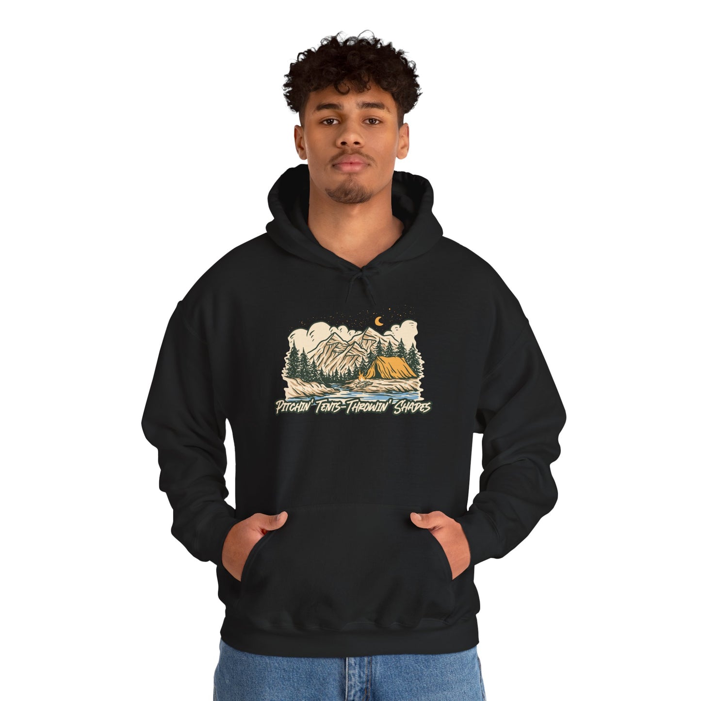 Pitchin Tents Throwin Shades Hoodie – Unisex Outdoor Adventure Sweatshirt, Camping Gear, Nature Lover Gift, Travel and Fall Apparel